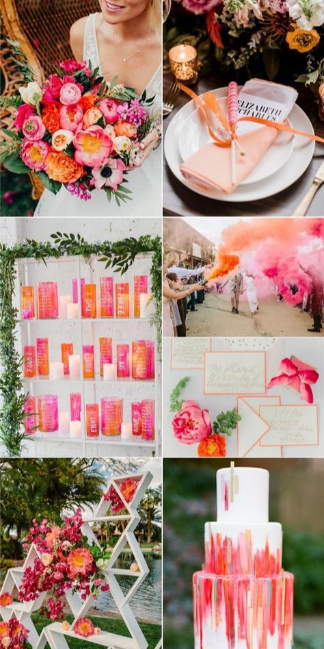 Inspiration de mariage rose et orange vif | Le livre de jeu du mariage Pink And Orange Wedding, Orange Wedding Themes, Orange And Pink Wedding, Colorful Wedding Cakes, Wedding Color Palettes, Summer Bridal Showers, Boda Mexicana, Bright Wedding, Summer Wedding Colors