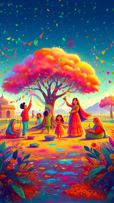 Holi Artwork, Holi Dance, Hindu Calendar, Festival Of Colors, Scene Drawing, Hindu Festival, Photoshop Artwork, Hindu Festivals, Color Festival