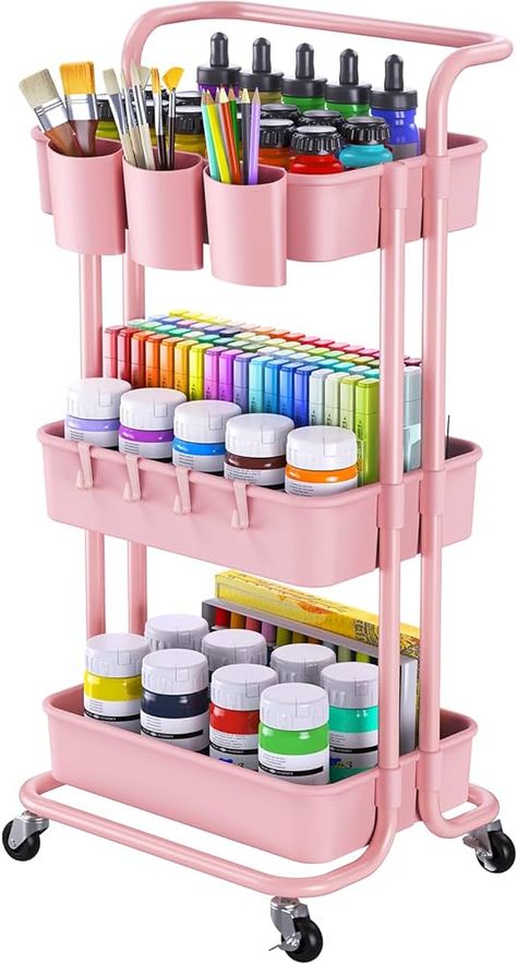 Amazon.com: Pipishell 3-Tier Rolling Cart with Wheels - Rolling Storage Cart with Hanging Cups & Hooks - Mobile Utility Cart for Office, Kitchen, Craft Room - Art & Craft Organizer (White, PIUC06W)" : Office Products