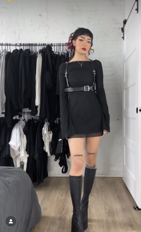 Black Dress With Harness Outfit, Goth Dresses Casual, Black Alternative Outfits, Under Corset, Alt First Date Outfit, Korean Goth Fashion, Bmth Concert Outfit, Black Dress Alt Outfit, White Dress Alt