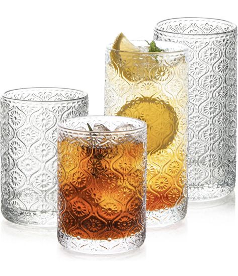 Set of 4 Vintage Embossed Glass Cups | Art Deco Glassware | 2 Tall Crystal Tumblers & 2 Short DOF Glasses | Ideal for Whiskey, Beer, Juice, Water | Perfect for Home, Bars, Parties Mushroom Glasses, Vintage Glass Cups, Glassware Sets, Art Deco Glassware, Art Deco Theme, Vintage Drinking Glasses, Home Bars, Embossed Pattern, Cup Art