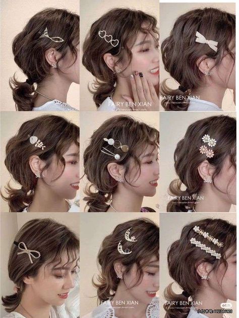 Asian style Hair Clips Hairstyles, Short Hair Accessories, Hair Inspiration Short, Kawaii Hairstyles, Clip Hairstyles, Extensions Hair, Hair Tutorials Easy, Short Hair Tutorial, Peinados Fáciles Para Cabello Corto