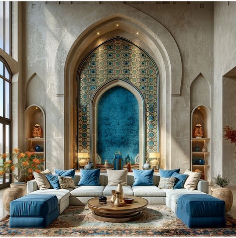 Blue Theme Living Room, Moroccan Inspired Living Room, Islamic Living Room, Arabic Living Room, Arabic Interior Design, Majlis Design, Moroccan Decor Living Room, Islamic Interior Design, Moroccan Houses