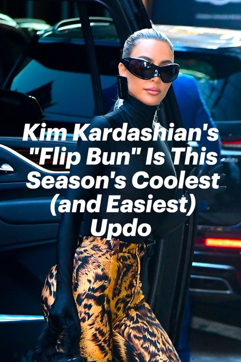 Kim Kardashian is wearing a black top and animal print pants while getting out of her car in NYC Kim Kardashian Sleek Bun, Flipped Bun Hairstyle, Flip Bun Hairstyle, Kim Kardashian Latest, Chris Appleton, Kim K Style, Sleek Bun, Bun Tutorial, Easy Updos