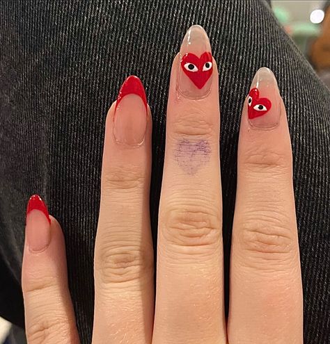 Nail Designs With Hearts With Eyes, Nails W Heart Design, Heart Inspired Nails, Nails Red Heart Eyes, Nail Ideas Heart With Eyes, Nail Designs Heart With Eyes, Nails With Hearts With Eyes, Heart Face Nails, Valentines Nails Ideas Simple