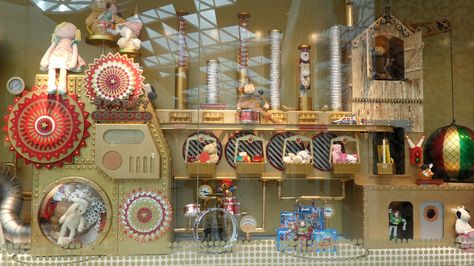 Admiring shop windows from under a shade. Like this Christmassy toy factory, which my dad made. Toy Factory Decorations, Toy Factory Christmas, Christmas Toy Factory, Christmas Factory, Christmas Toy Shop, Candy Factory, Santa Toys, Toy Factory, Christmas Window Decorations