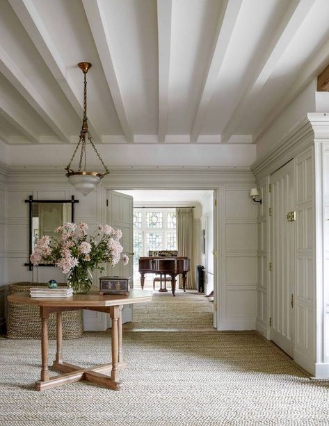 Entrance hall #hallway #interiordesignideas #interiorinspiration Arts And Crafts Interiors, Arts And Crafts House, White French, French House, Ceiling Beams, Large Homes, Entrance Hall, Drawing Room, Home Interior