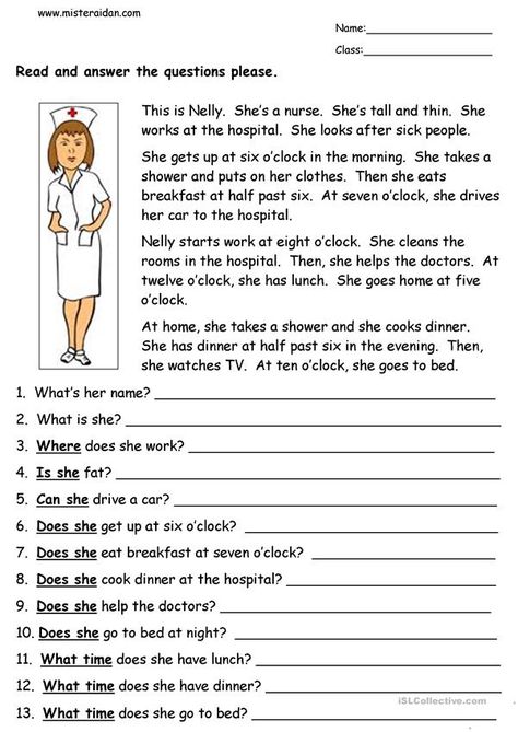 Nelly the Nurse - Reading Comprehension - English ESL Worksheets for distance learning and physical classrooms Reading And Questions Worksheets, Elementary English Worksheets, Reading For Kids Worksheets, English Comprehension, Esl Reading Comprehension, Materi Bahasa Inggris, Esl Reading, Kids Worksheets, English Exercises