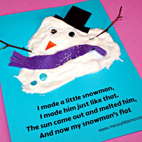 An easy melted snowman kids craft and printable poem using a simple puffy paint recipe that uses shaving foam and glue. A fun snow or winter art or literacy project for toddlers and preschoolers as well as older kids. January Crafts For Kids Toddlers, Themes For January Preschool, Snowman Melted Craft, Snowman Craft Ideas For Kids, Melted Snowman Activity, Snowman Process Art Preschool, Prek Snowman Crafts, My Snowman Melted Because, Winter Toddler Crafts Easy