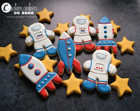 Spaceships & Astronauts Cookies Rocket Ship Birthday Party, Rocket Cake, Rocket Party, Galaxy Party, Shipping Cookies, Astronaut Party, Astronaut Birthday, Cake Dress, Space Birthday Party