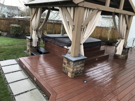 Deck around a new hot tub installation with overhead cover and outdoor privacy drapes. Hot Tub Decking, Hot Tub Landscape, Outdoor Hot Tub Area, Hot Tub Privacy Ideas, Pool Hut, Scheduling Employees, Yard Pergola, Hot Tub Deck Design, Hot Tub Area