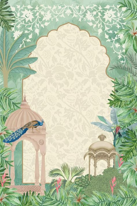 Premium Vector | Tropical mughal garden with peacock arch frame hand drawn illustration for invitation Wallpaper For Invitation Card, Mughal Garden Illustration, Mughal Invitation Cards, Mughal Wedding Invite, Mughal Art Paintings Illustrations, Mughal Invite, Mughal Wedding Card, Mughal Background, Wedding Card Invitation Ideas