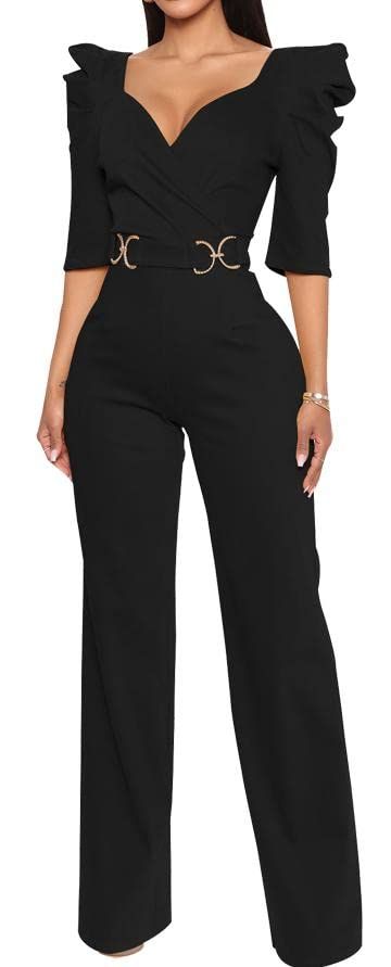 PRICES MAY VARY. 【Style】: Sexy V-Neck Puff Sleeves Women's Jumpsuit Wide Leg Pants Club Jumpsuit, perfect to show your figure, no need to worry about exposure, well-cut to make you look slimmer. We offer a variety of styles for you to choose from, with a wide range of colors, there is always one that suits you. 【Design】: The high shoulder and waist design show the elegance and sexiness of women; the long wide-leg pants perfectly shape the curves of women's legs and show their height. The sexy V- Date Night Jumpsuit Outfit, Classy All Black Outfits For Women, Women Evening Outfits, Pants Romper Outfit Dressy, After 5 Attire For Black Women, Female Officiant Attire Wedding, Dramatic Clothing Style, Winter Jumpsuit Outfit Classy, Full Body Jumpsuit Outfit