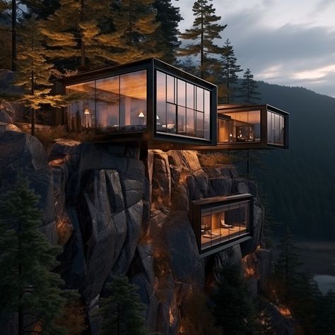 Houses On Mountains Slope, Luxury House In Woods, Mountain Glass House, House Carved Into Mountain, House On Mountain Side, Mountain Side Mansion, House In Side Of Mountain, Mansions In The Mountains, Houses By The Water