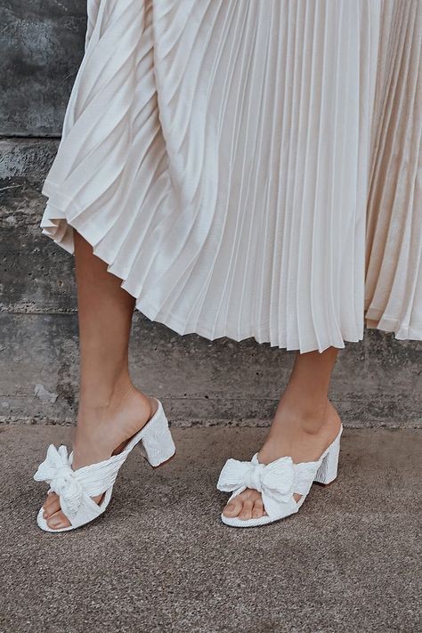 Cute Ivory Sandals - White High Heel Sandals - Bow Sandals - Lulus Thick Platform Heels, Slide On Heels, White High Heel Sandals, Ivory Sandals, Trendy High Heels, Ivory Shoes, White High Heels, Bachelorette Outfits, Bridal Heels