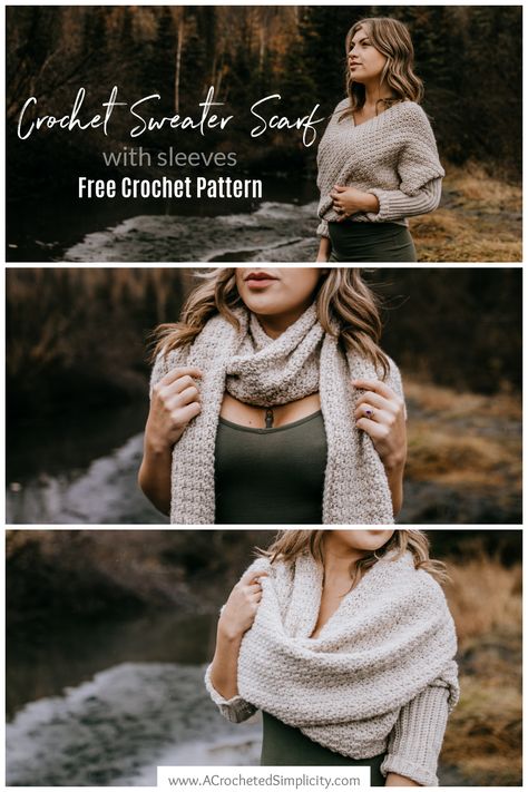 Learn to crochet a sweater scarf with this beginner-friendly crochet pattern. A scarf with sleeves (also called a thneed), can be worn as a crochet scarf, a cowl, a shawl, and even a wrap around sweater! This beginner-friendly pattern is worked all in one piece. #scarfwithsleeves #crochetscarfwithsleeves #sweaterscarf #crochetscarf #sweaterscarfhowtowear #scarfwithsleeves #scarfwithsleevespattern #freecrochetpattern #crochetscarfpattern #crochetsweater #crochetwrap #easycrochet #beginnercrochet Katniss Crochet Cowl Pattern Free, Crochet Wrap Around Shrug With Sleeves Pattern Free, Crochet Wrap Around Shawl Free Pattern, Crochet Wrap Scarf With Sleeves, Scarf With Sleeves Crochet Pattern, Scarf Crochet Pattern Free Chunky, Free Crochet Sweater Scarf Pattern, Crochet Scarf Wrap Pattern Free, Scarf Sweater Wrap Crochet Pattern