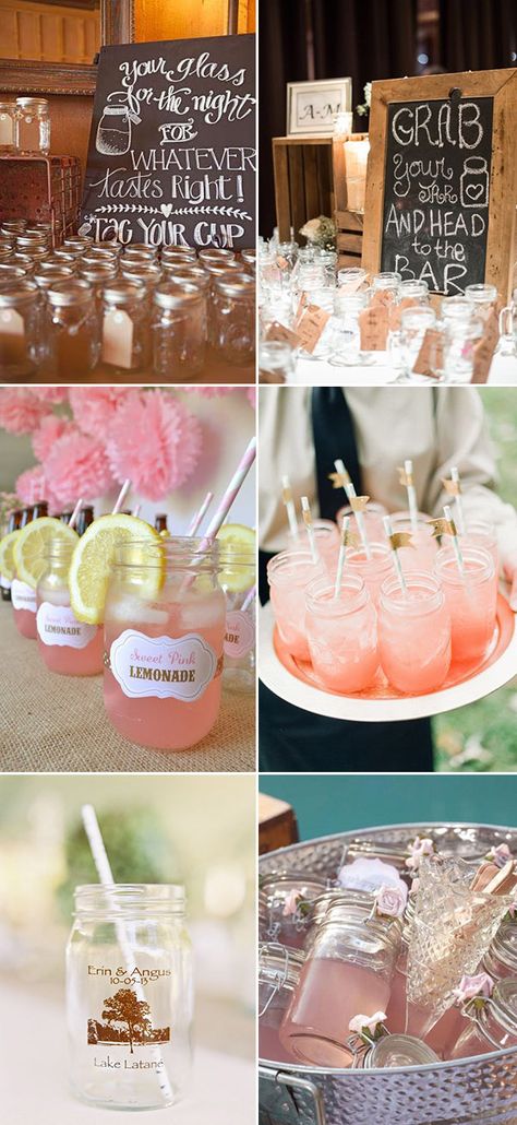 diy wedding drinks with mason jars for country wedding ideas Etched Mason Jars Wedding, Mason Jar For Drinks, Mason Jar Drinking Glasses Wedding, Wedding Mason Jars Drinks, Mason Jars For Drinking Glasses, Mason Jar Ideas For Weddings, Wedding Jar Ideas, Jar Drinks, Mason Jar Drinking Glasses