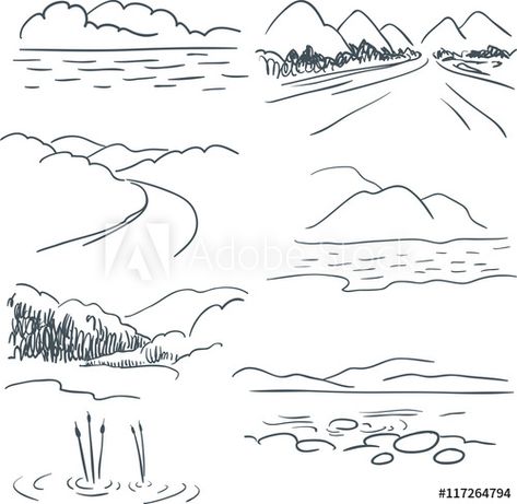 Stock Image: Set of vector hand drawn icons. Mountain and river silhouettes. landscape illustration.Clip art for design. River Silhouette, Mountain And River, Drawn Icons, Illustration Clip Art, Hand Drawn Icons, Art Deco Poster, Deco Poster, Poster Ideas, Landscape Illustration