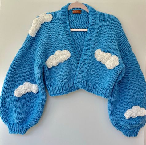 Beautiful Blue hand knitted crop cardigan with crochet clouds. fist sizes S-L.        Local Vancouver-North Vancouver Pick up Lirika Matoshi Cloud Sweater, Crocheted Cropped Cardigan, Crochet Cloud Cardigan, Blue Crochet Cardigan, Cloud Cardigan, Cardigan Azul, Lirika Matoshi, Balloon Sleeve Cardigan, Crop Cardigan