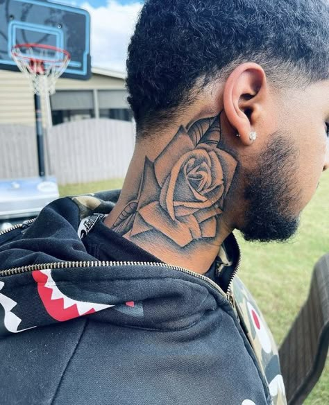 Black Guy Neck Tattoo, Raymond Tattoo, Rose Neck Tattoo Men, Side Neck Tattoo For Guys Ideas, Cross Neck Tattoo Men, Side Face Tattoo Men, Boy Neck Tattoos, Neck Tattoo For Guys Black Men, Men's Side Neck Tattoos