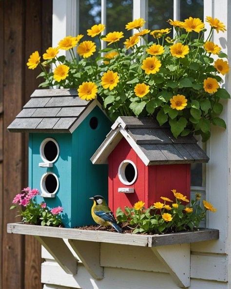 Bird House On Window, Bird House Design Ideas, How To Make Bird Houses, Wooden Bird Houses Painted, Bird House Painting Ideas, Bird House Diy, Window Boxes Ideas, Wooden Window Boxes, Window Box Ideas