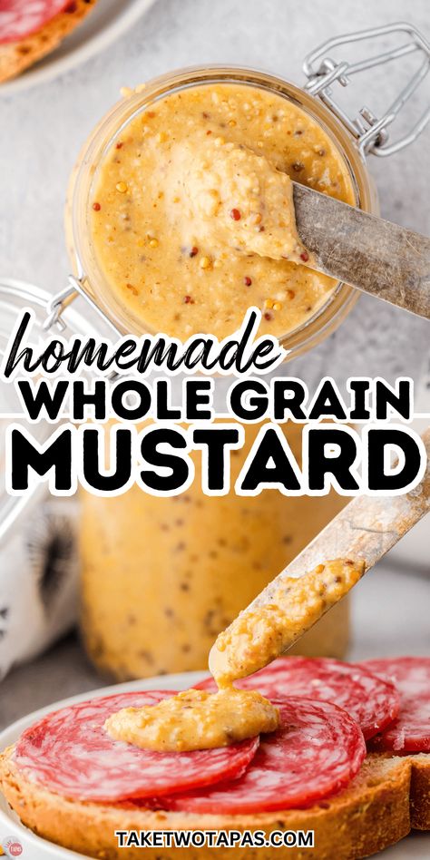 Want to learn how to make homemade whole grain mustard? Skip the store bought and make it home with a few ingredients.  This  gluten-free condiment is a staple in our house! Mustard From Scratch, Whole Grain Mustard, Homemade Mustard, Mustard Dipping Sauce, Mustard Recipe, Mustard Dressing, How To Make Homemade, Serving Food, Few Ingredients