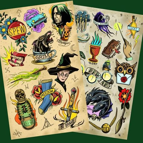 Harry Potter/Hogwarts Tattoo Flash Sheet Art Print | Etsy Aragog Harry Potter Tattoo, Harry Potter Flash Art, Traditional Style Harry Potter Tattoo, Harry Potter Flash Sheet, Harry Potter Filler Tattoo, American Traditional Harry Potter Tattoo, Color Patchwork Tattoo, Harry Potter Traditional Tattoo, Weasley Tattoo