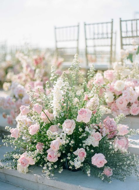 Chapel Flower Arrangements, Pink Coastal Wedding, Blush And Bashful Wedding, Pastel Pink Wedding Theme, Pink Wedding Aesthetic, Pink Wedding Table Decor, Shades Of Pink Wedding, Pink Garden Wedding, Rose Garden Wedding