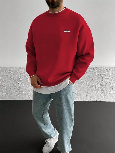 Red Outfits For Men Casual, Red Long Sleeve Shirt Outfit Men, Red Clothing Aesthetic Men, Casual Red Outfit Men, Red Crewneck Outfit Men, Red Sweatshirt Outfit Men, Red Shirt Outfit Men Streetwear, Men’s Outfit Ideas For Concert, Red Clothes Men