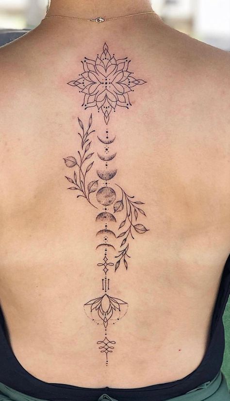 Color Spine Tattoo, Tattoo Down Spine For Women, Fine Line Back Tattoo Women Spine, Spinal Tattoo Women Fine Line, Spine Elegant Tattoo, Spine Back Tattoos For Women, Spine Tattoos For Women Constellation, Back Tattoo Women Spine Astrology, Spine Tattoo Fine Line