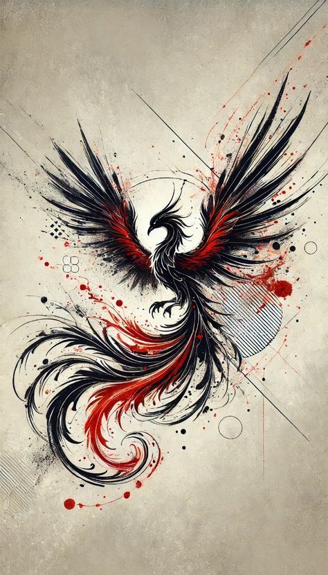 Ice Pheonix Tattoo, Black And Red Phoenix Tattoo, Phoenix Drawing Tattoo, Black Red Tattoo Design, Black And White Phoenix Tattoo, Tattoo Ideas With Color, Red Phoenix Tattoo, Red Ink Tattoos On Black People, Phoenix And Dragon Tattoo