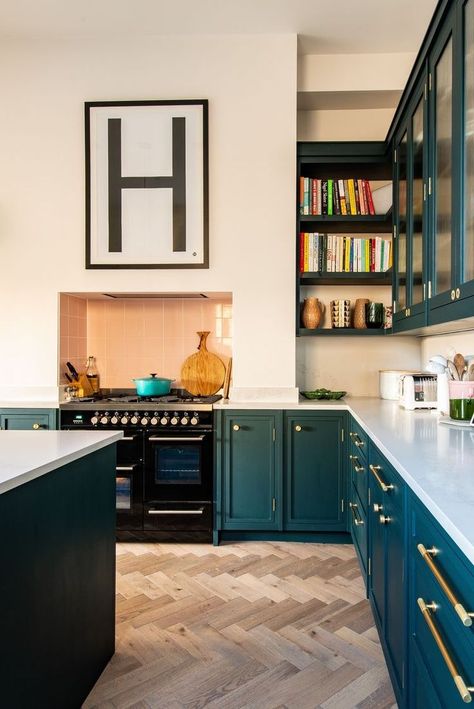 white and teal kitchen, herringbone floor Herringbone Kitchen, Dark Green Kitchen, Green Kitchen Designs, Teal Kitchen, Bespoke Kitchen Design, Bespoke Kitchen, Interior Minimalista, Kitchen Extension, Bespoke Kitchens