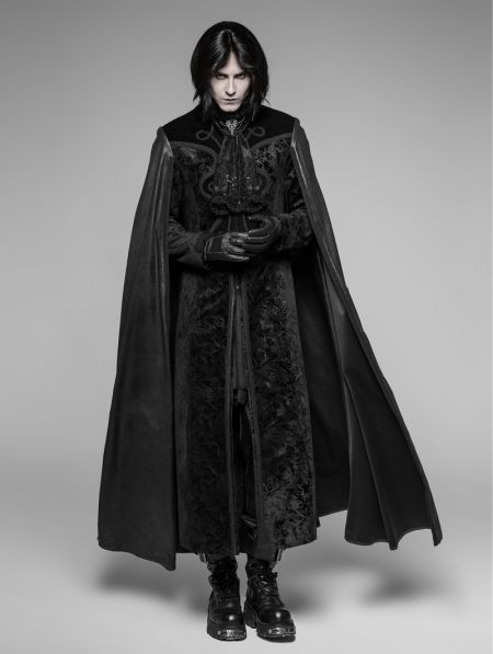 Gothic Vampire Style For Men 1.the main fabric is paisley pattern embossed velvet surface woven fabric 2.the cloak is attached to the coat 3.the collar has the function that can adjust the collar leaf 4.a metal zipper is arranged in front centre 5.the jacket has pockets on the left and right side, with dark pockets inside DevilNight.co.uk | We Ship Worldwide #goth#gothic#gothicfashion#punkgothic #gothicmen#tradgoth#cloak#grungeboy#punkboy#gothmen#gothicboy#gothaesthetic#alternativemen Gothic Men, Gothic Clothes, Langer Mantel, Punk Rave, Fantasy Costumes, Gothic Outfits, Fantasy Clothing, Fantasy Fashion, Character Outfits