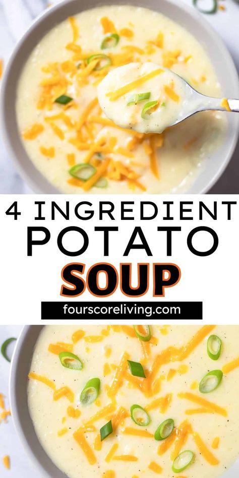 This 4 Ingredient Potato Soup recipe is creamy and incredibly simple to make. All you need is potatoes, onions, butter, and milk. I bet you already have those ingredients in your kitchen right now. 4 Ingredient Potato Soup, Soup With Cheese, Cream Soup Recipes, Cheesy Potato Soup, Cream Of Potato Soup, Potato Soup Easy, Potato Soup Crock Pot, Potatoes Onions, Creamy Potato Soup