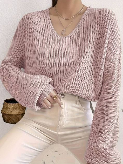 V neck Drop Shoulder Sweater Casual Long Sleeve Sweater Fall - Temu United Kingdom Lantern Sleeve Sweater, Cute Outfits For School, Long Sleeve Knit Sweaters, Daily Dress, Sweater Pullover, Sweatshirt Dress, New Arrival Dress, Trending Dresses, Shoulder Sweater