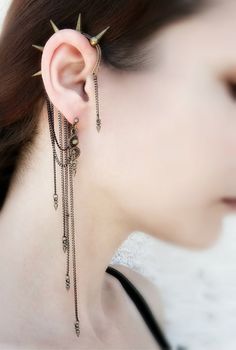 Spike Ear Cuff Wrap Cuff Chain Earrings Ear Cuff by MayaHandmade Cuff Chain Earrings, Spike Ear Cuff, Earring Cuff Chain, Cool Piercings, Ear Earrings, Punk Jewelry, Earrings Ear, Victorian Gothic, Fantasy Jewelry