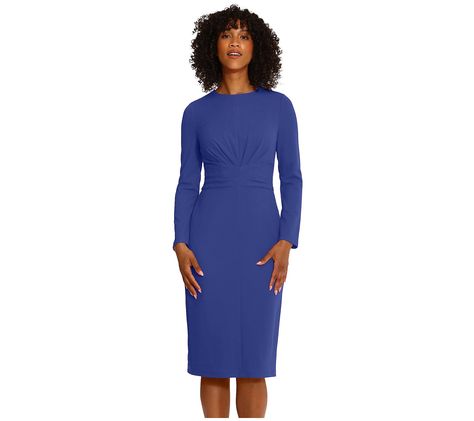 Dressed up or down, this modern midi dress adds sleek sophistication to your day-to-night wardrobe. From Maggy London. Flattering Midi-length Bodycon Dress For Work, Flattering Midi Bodycon Dress For Work, Dressy Solid Midi Dress For Date Night, Dressy Midi Bodycon Dress For Work, Flattering Silhouette Midi Dress For Date Night, Modern Knee-length Midi Dress For Date Night, Modern Knee-length Dress For Date Night, Sleek Midi Dress For Date Night, Flattering Sheath Midi Dress For Workwear