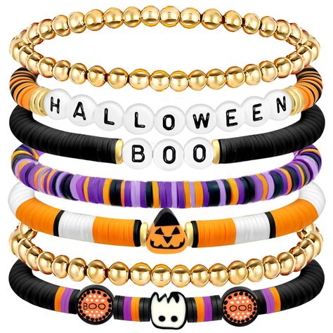 PRICES MAY VARY. Festive Charm: Elevate your Halloween look with our stackable surfer heishi bracelets, expertly crafted with preppy clay beads HOCUS POCUS SPOOKY/BOO SPOOKY/HALLOWEEN BOO that stretch to fit most wrist sizes Spooky Yet Stylish: This 7-piece set features Halloween-themed charms, perfectly blending spooky elements with fashionable accessories for any party, costume contests or cosplay event Versatile Wear: Mix and match these clay bead bracelets to complement various outfits — fro Sugar Skull Jewelry Diy, Halloween Clay Bracelets, Halloween Beaded Bracelet, Fall Bracelet Ideas, Bracelet Preppy, Bead Stretch Bracelets, Boho Bracelets Stack, Bracelets Stack, Heishi Bracelets