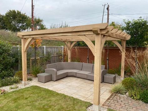 Oak Frame pergola, with traditional techniques, and sandstone staddle stones. #outdoorliving #oakframepergola #oakpergola #traditionalpergola Oak Pergola, Front Yard Gardening Ideas, Timber Frame Pergola, Wooden Garden Gazebo, Garden Pergolas, Home Gardening Ideas, Garden Landscaping Ideas, Gardening Decor, Modern Patio Design