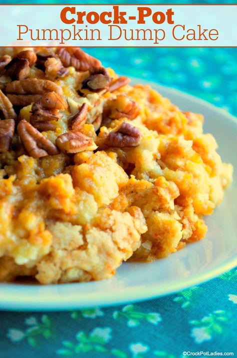 Cake Mix And Canned Pumpkin, Dump Cake Crockpot, Pie Vegetarian, Crockpot Cake, Pumpkin Dump Cake Recipe, Pumpkin Crockpot, Canned Pumpkin Recipes, Pumpkin Dump, Dump Recipes