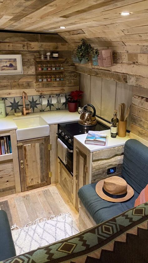 Small Camper Vans Ideas, Micro Camper Kitchen, Micro Makeover, Rustic Camper, Old Caravan, Custom Van Interior, Cabin Camper, Camper Van Kitchen, Caravan Trailer