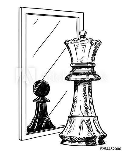 Stock Image: Cartoon drawing and conceptual illustration of white chess pawn reflecting in mirror as black king. Metaphor of confidence. Chess Drawing, Reflection Tattoo, Reflection Drawing, Mirror Tattoos, Mirror Drawings, Mirror Illustration, Art Du Croquis, Visual Metaphor, Conceptual Illustration