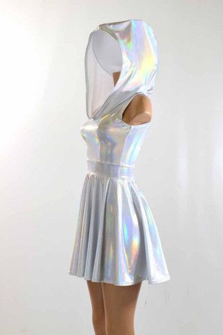 Flashbulb Sleeveless Hoodie Skater Dress Holographic Dress, Stile Kylie Jenner, Holographic Fashion, Galaxy Outfit, Mode Kawaii, Silver Holographic, Pocket Hoodie, Sleeveless Hoodie, Skating Dresses