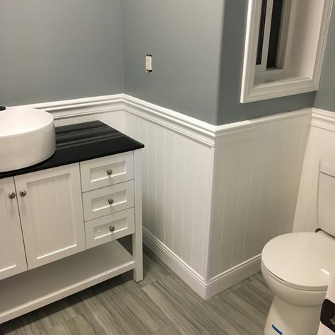 Dark Gray Beadboard Bathroom, Half Wall Panelling Bathroom, White Panel Bathroom, Bathroom Wayne’s Coating, Waynes Coating In Bathrooms, Wainscoting Patterns, Bathroom With White Shiplap, Tile Wainscoting Bathroom, Shiplap Hallway