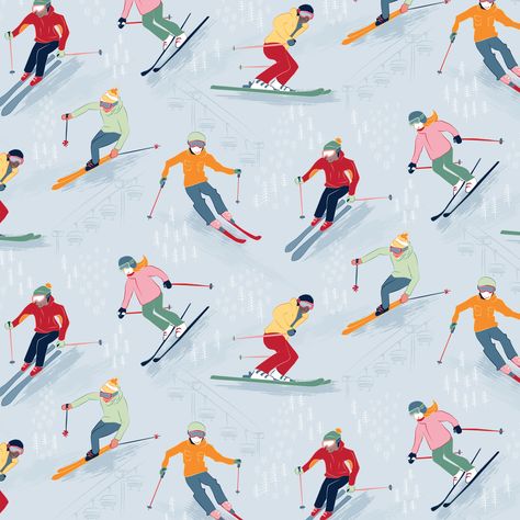 Speeding down the slopes! #ericawalt #surfacepatterndesign #fashionpattern #sportpattern #activepattern Ski Slope Drawing, Ski Drawing, Ski Illustration, Skiing Art, Ski Lodge Decor, Vintage Ski Posters, Ski Print, Ski Art, Learn Watercolor Painting