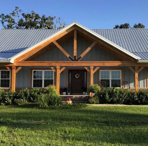 Hip Roof With Gable Front Porch, Gable Roof House Exterior, Front Porch Truss Ideas, Peaked Porch Roof, Front Porch With Gable, Low Pitch Roof Porch Addition, Exposed Porch Rafters, Front Gable Ideas, Exposed Beam Front Porch