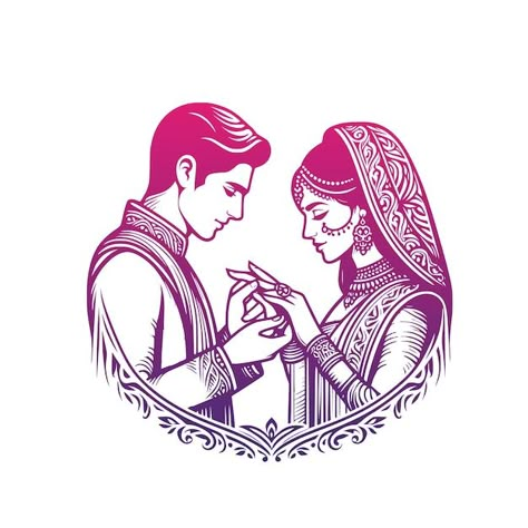 Vector indian bride and groom couple cli... | Premium Vector #Freepik #vector Engagement Logo Design, Hindu Wedding Bride, Mehendi Sketch, Engagement Logo, Portrait Mehendi, Figure Mehendi, 3d Drawing Tutorial, Indian Hindu Wedding, Couple Reference