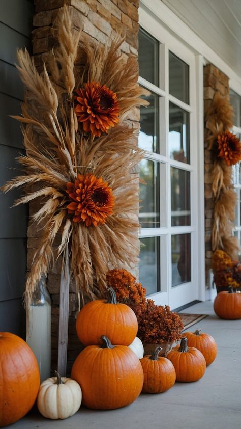 Discover the best fall decor ideas for the home with these simple DIY projects Make your farmhouse cozy and rustic with outdoor decorations Spruce up your kitchen bedroom and mantle with budget-friendly Dollar Store finds Easy cheap and chic inspiration for 2024 Fall Decor For Outside Yards, Easy Fall Outdoor Decorations Diy, Thanksgiving Decorations For Home Porch, Haystack Decorations Fall, Western Thanksgiving Decor, Diy Outdoor Fall Decor Ideas, Thanksgiving Porch Ideas, Fall Porch Ideas 2024, Fall Home Decor 2024