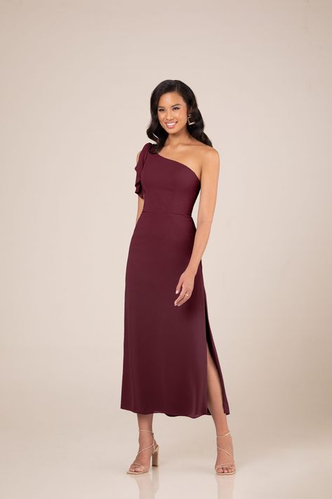 One Shoulder Tea Length Dress, Bridesmaid Dresses Ankle Length, Bridesmaid Dresses Midi, Tea Length Bridesmaid Dresses, Midi Bridesmaid Dress, One Shoulder Bridesmaid Dresses, One Shoulder Bridesmaid, Burgundy Bridesmaid, Burgundy Bridesmaid Dresses