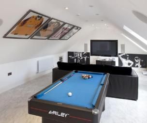 Loft conversion games room Loft Conversion Games Room, Attic Game Room, Loft Conversion Design, Decorating Games, Slate Pool, Garage Attic, Hockey Table, Billiards Table, Attic Closet